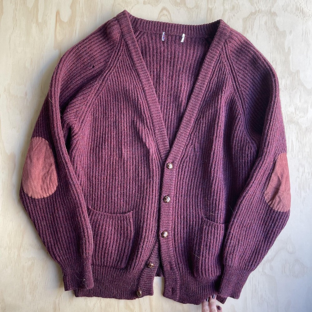 Vintage Chunky Knit Sweater Cardigan Mens Medium Red V‎ Neck Elbow Patch Pockets